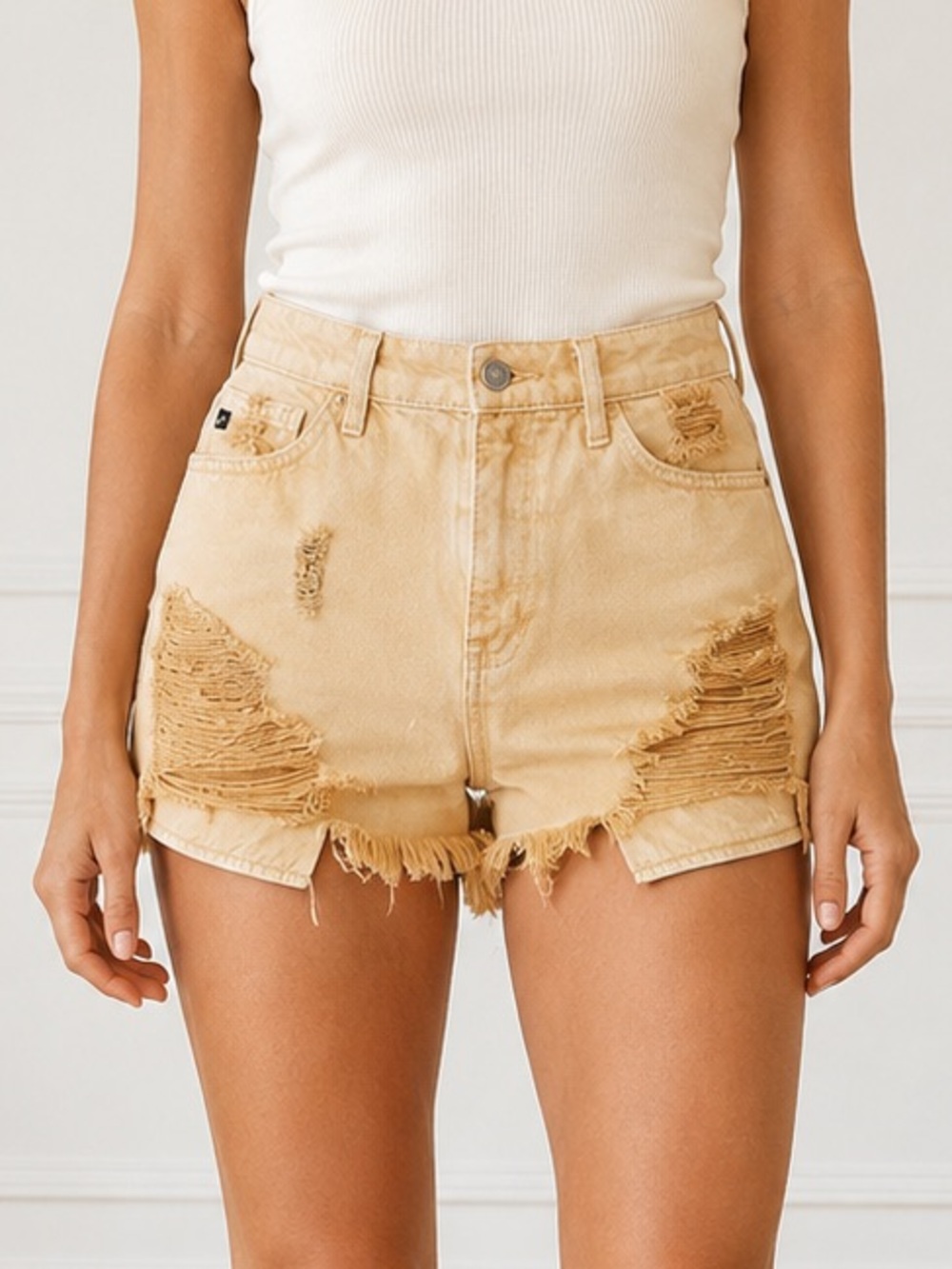 KanCan Women’s Size Small Mustard Yellow High Rise Distressed Cutoff Jean Shorts